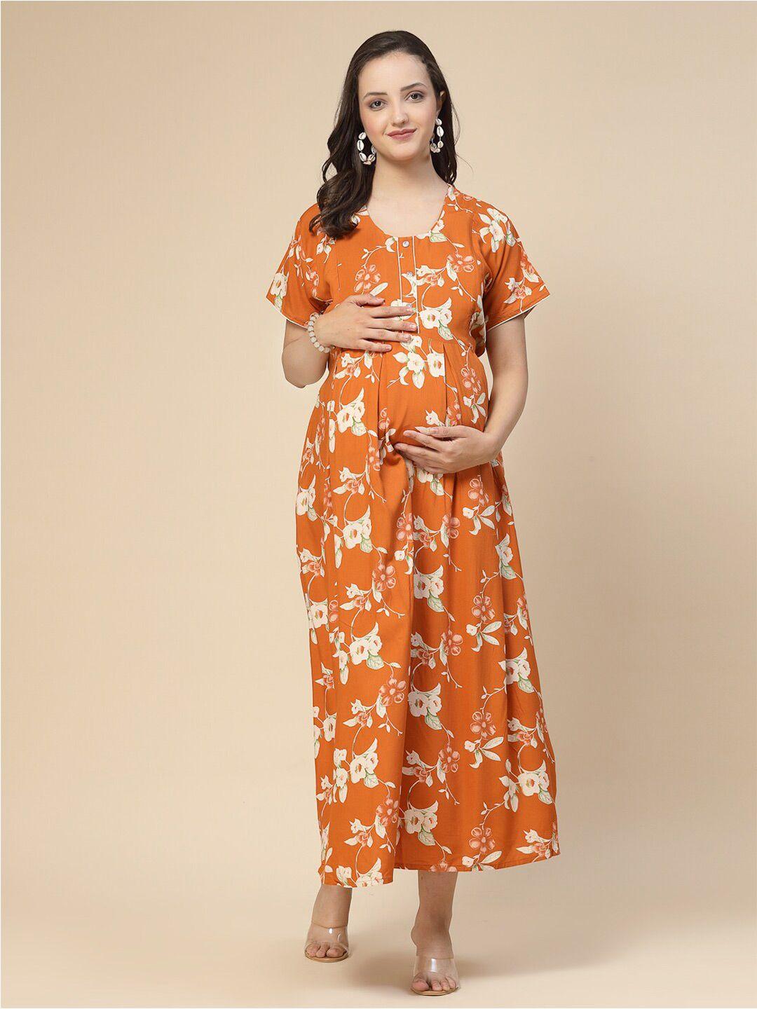 sweet dreams orange floral printed maternity feeding a-line dress