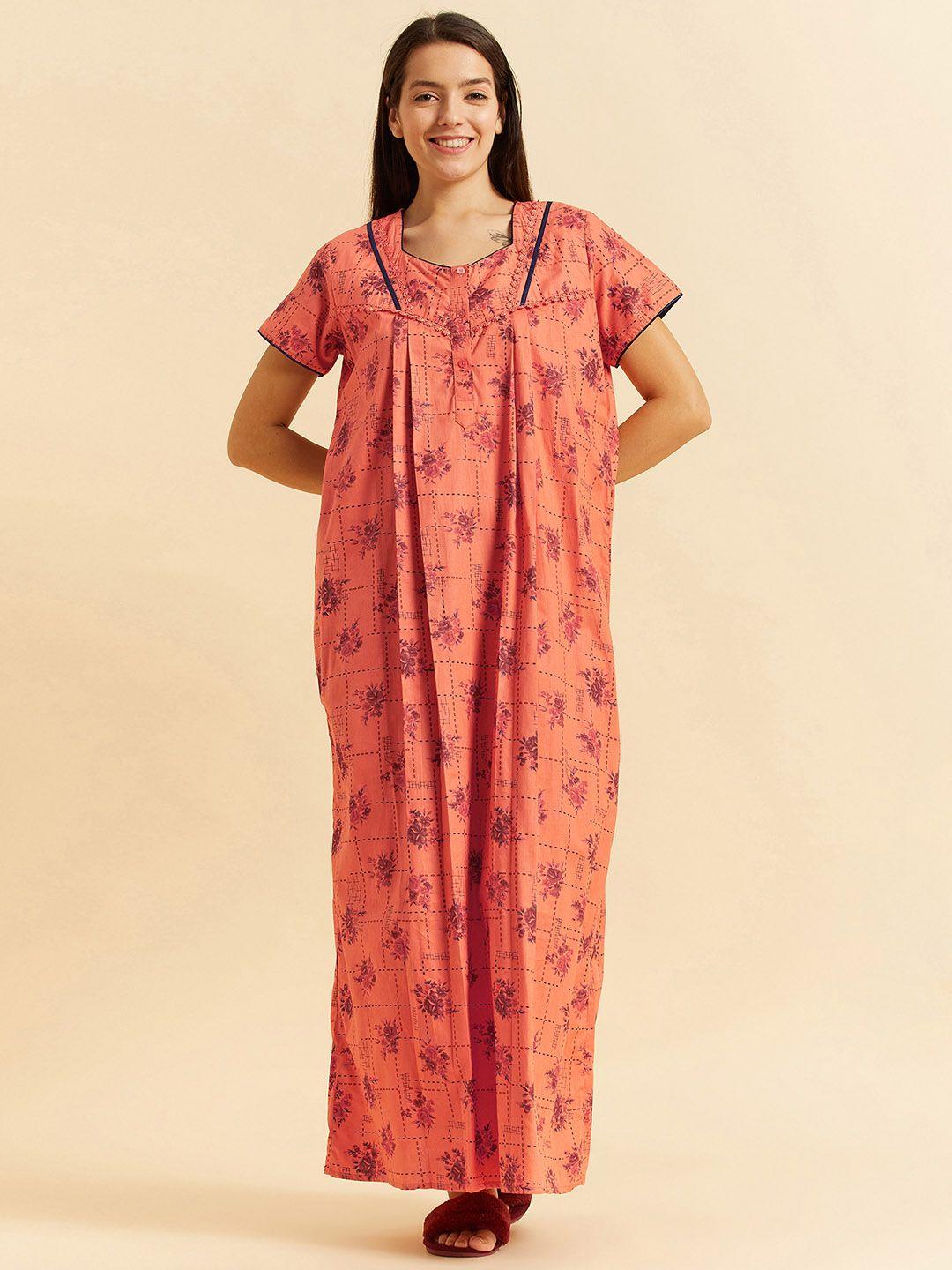 sweet dreams orange floral printed pure cotton nightdress