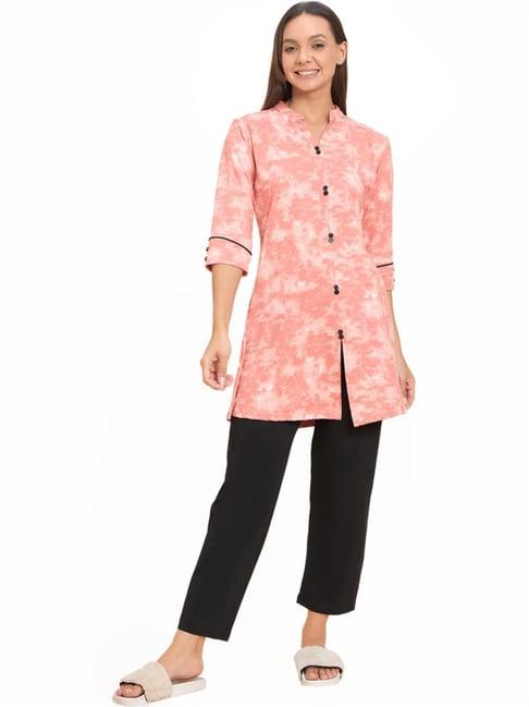 sweet dreams peach & black cotton tie & dye kurti pyjama set