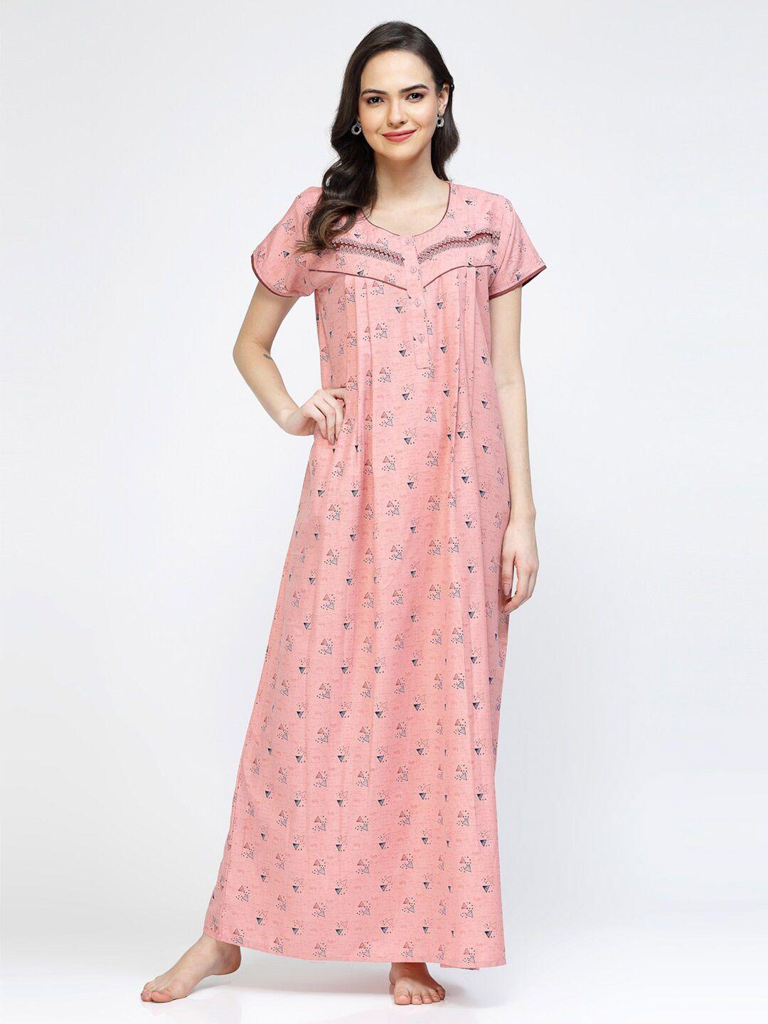 sweet dreams peach-coloured & navy blue geometric printed pure cotton maxi nightdress