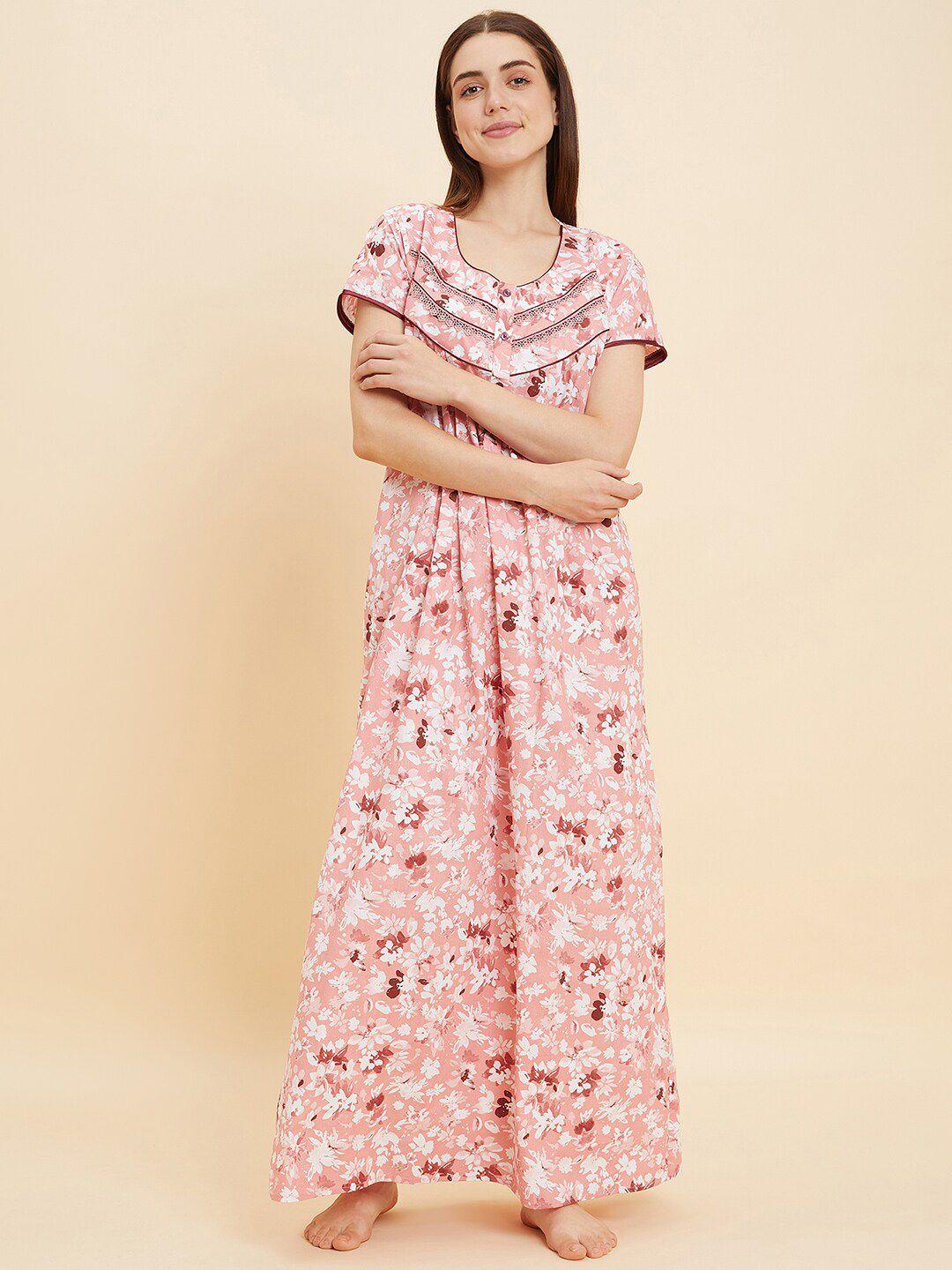 sweet dreams peach coloured and maroon floral printed pure cotton maxi nightdress