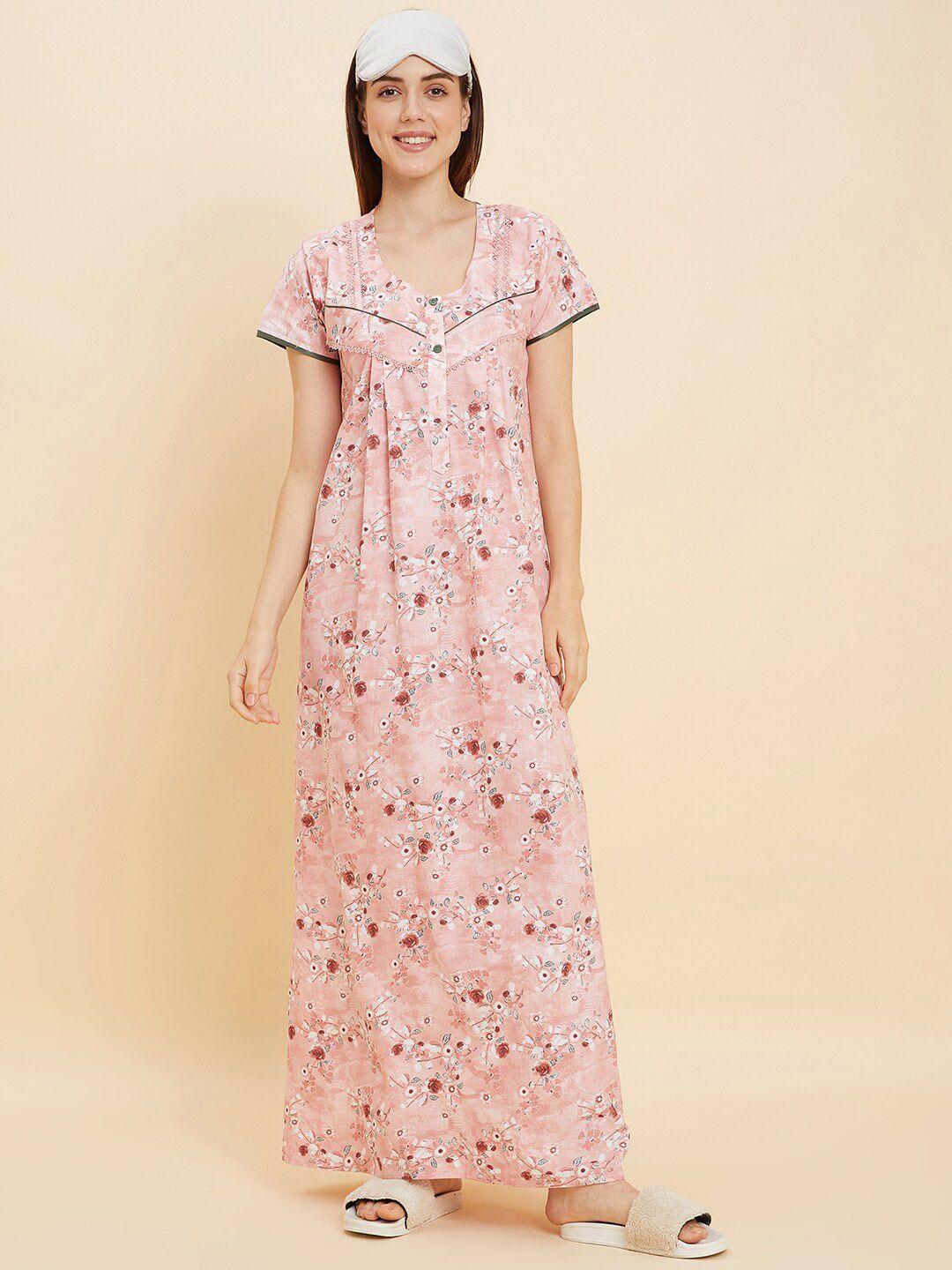 sweet dreams peach coloured and red floral printed pure cotton maxi nightdress