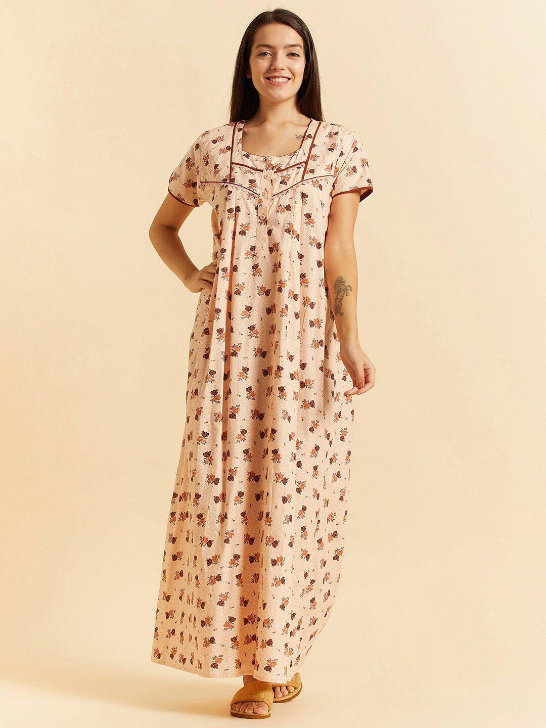 sweet dreams peach-coloured floral printed pure cotton maxi nightdress
