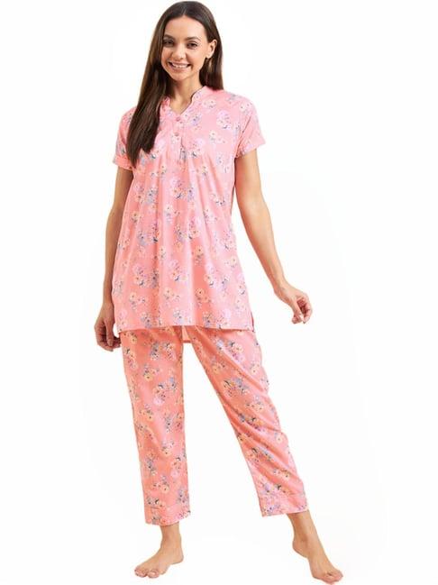 sweet dreams peach cotton floral print kurti pyjama set