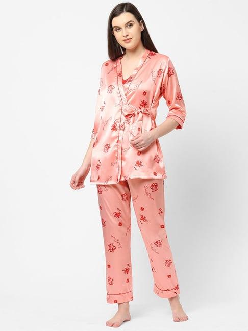 sweet dreams peach printed top with pyjamas and robe