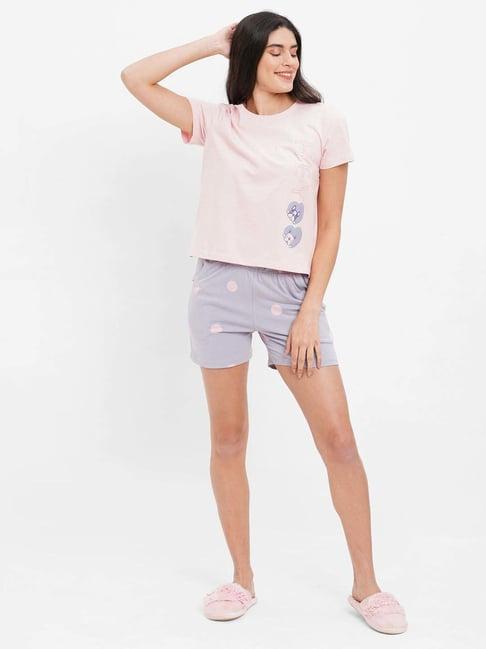 sweet dreams pink & grey cotton printed t-shirt & shorts set