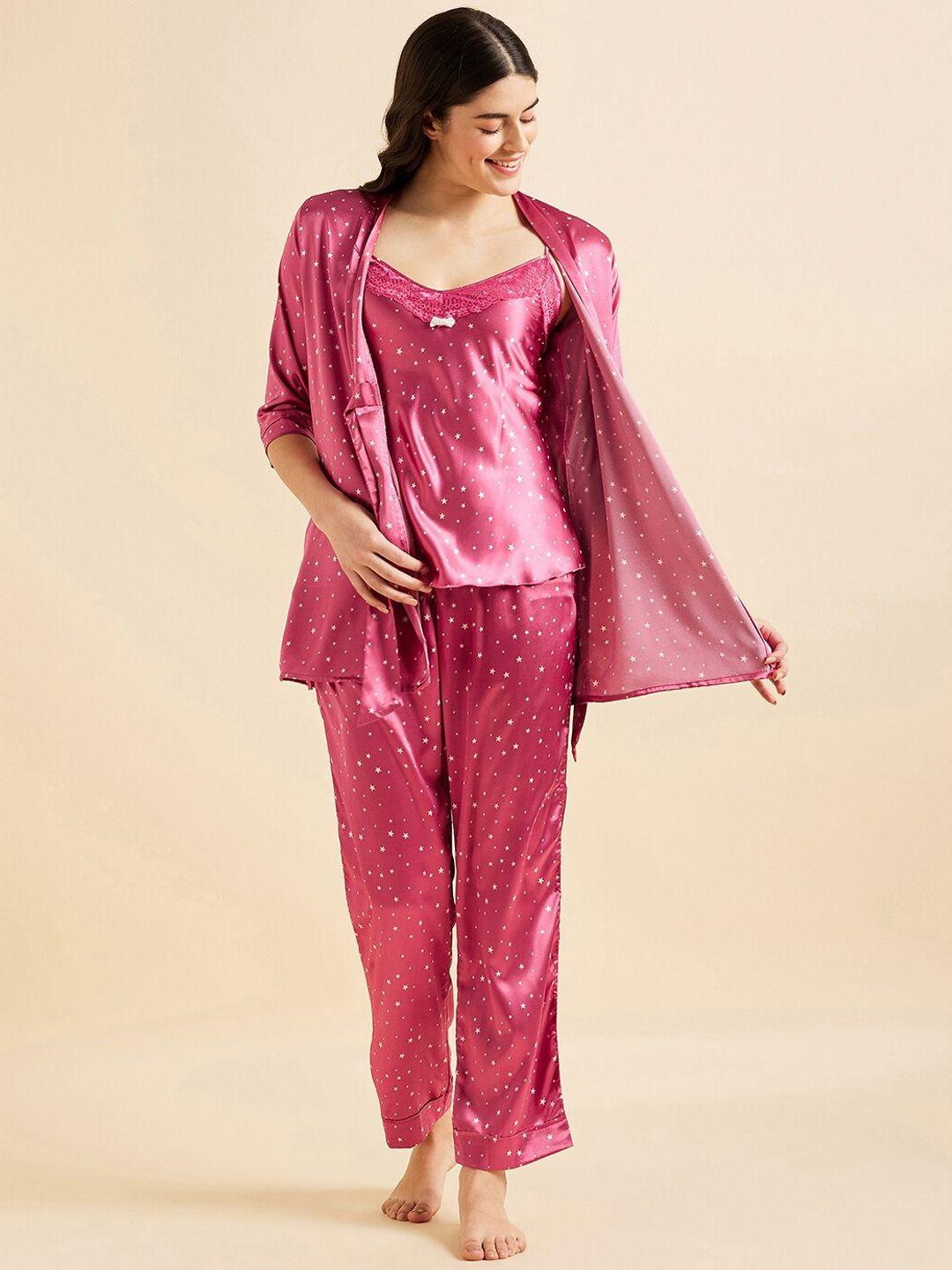 sweet dreams pink 3 pieces conversational printed satin night suit