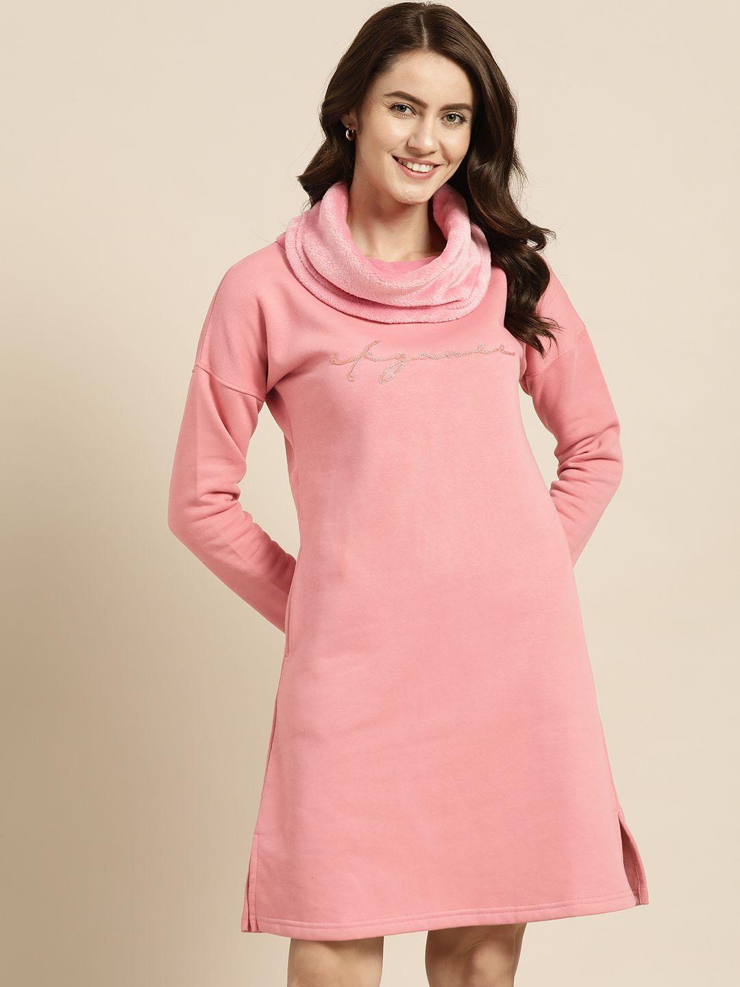 sweet dreams pink embroidered turtle neck fleece nightdress