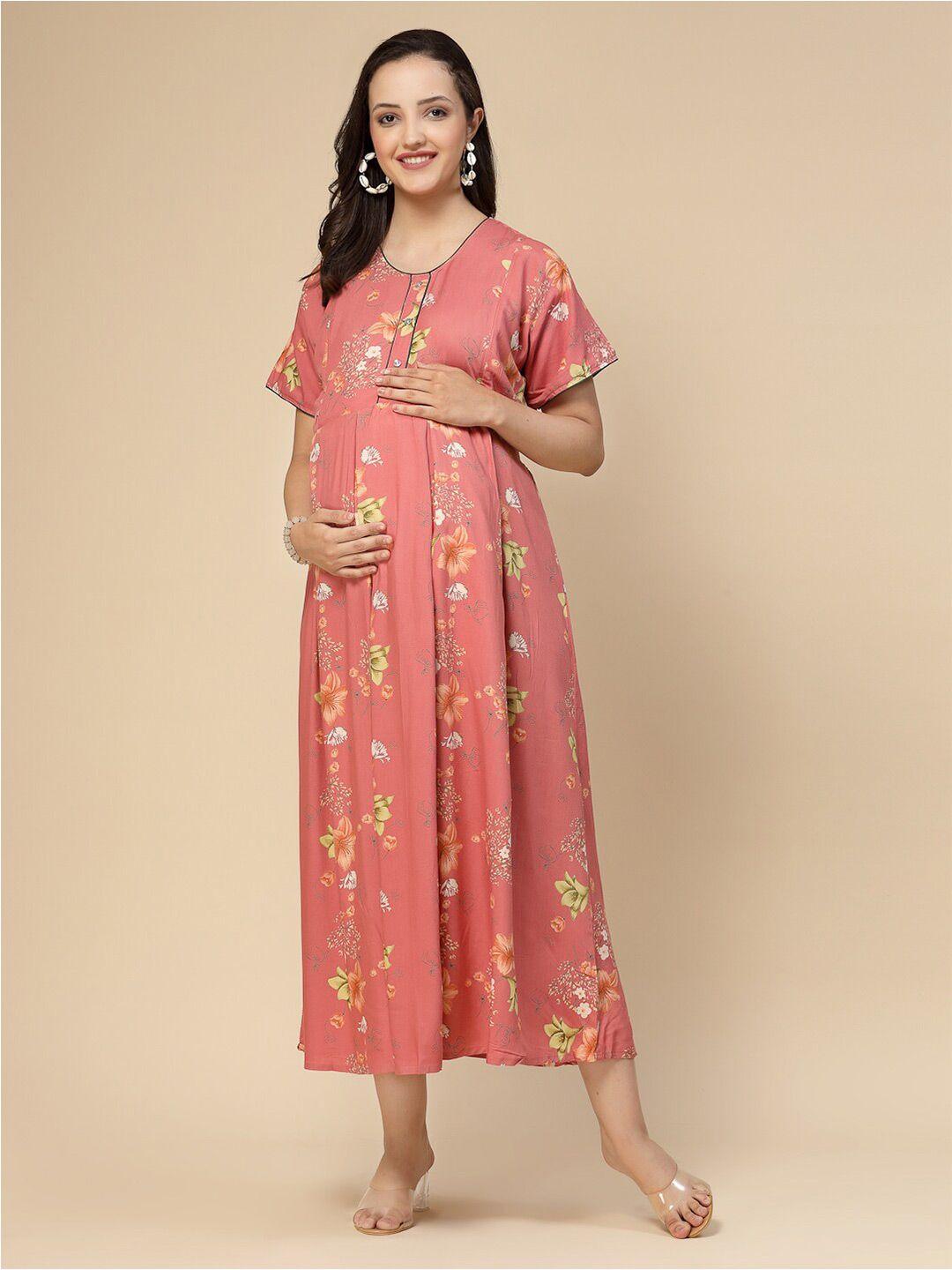 sweet dreams pink floral printed round neck pleated maternity a-line midi dress