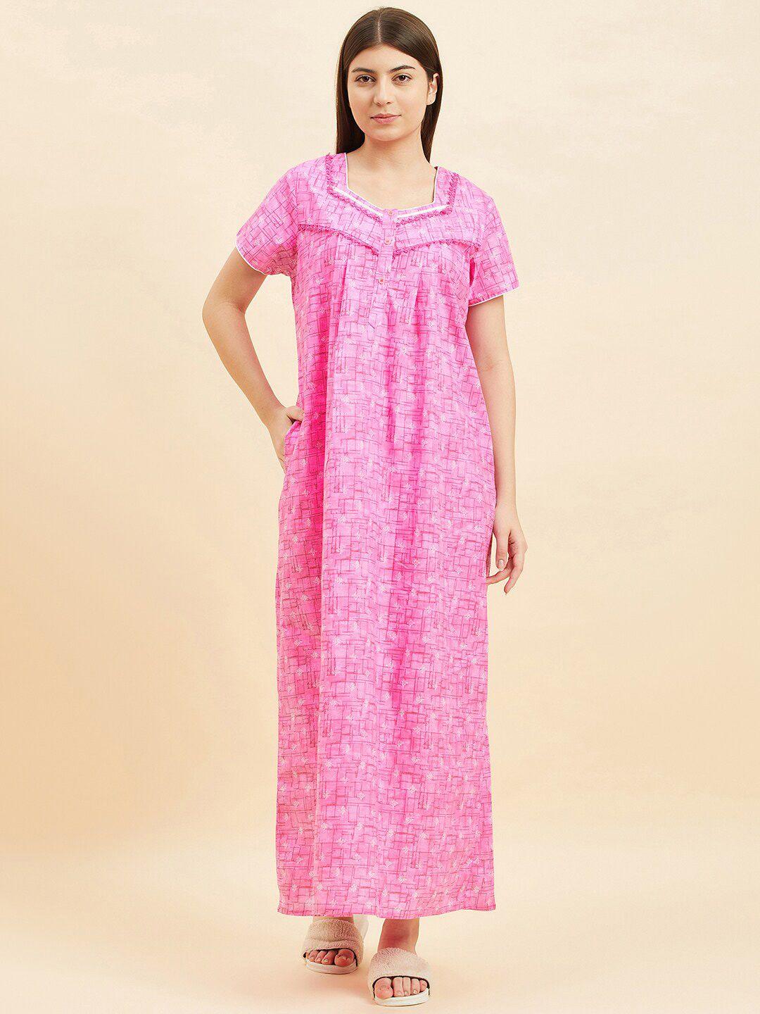 sweet dreams pink geometric printed square neck pure cotton maxi nightdress