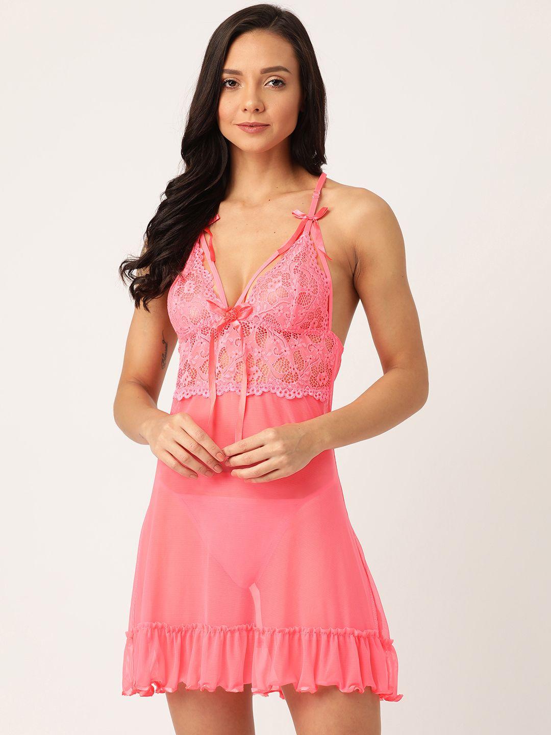 sweet dreams pink lace detail solid net baby doll with thongs