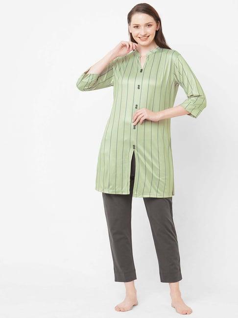 sweet dreams pista green cotton striped kurti pyjama set