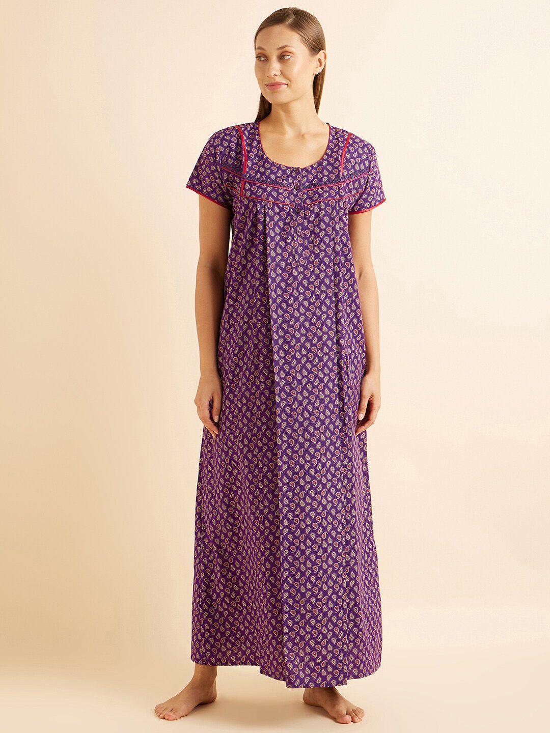 sweet dreams purple & red ethnic motifs printed maxi nightdress