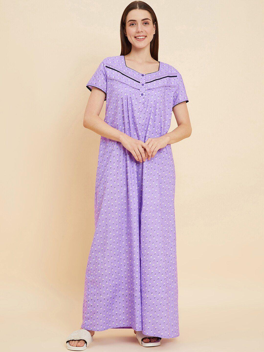 sweet dreams purple & white floral printed round neck pure cotton maxi nightdress