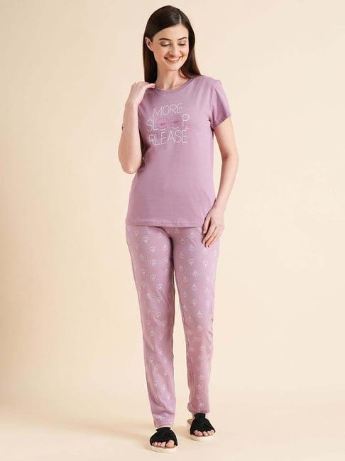 sweet dreams purple cotton printed t-shirt pyjama set
