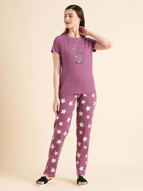 sweet dreams purple cotton printed t-shirt pyjama set