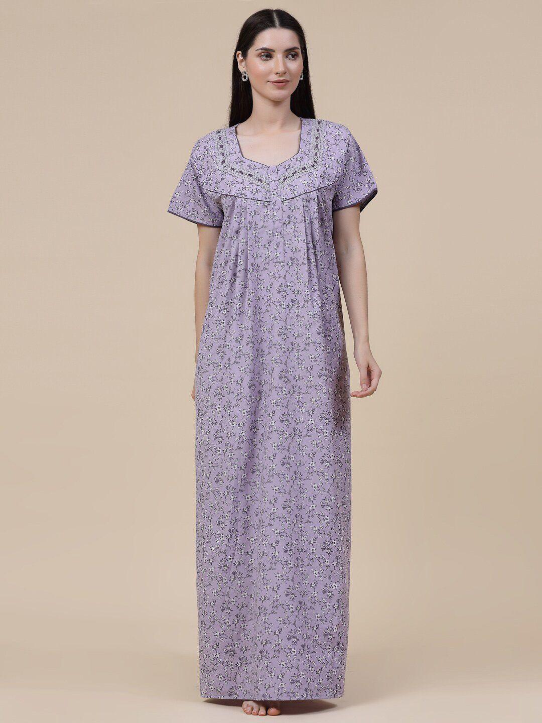 sweet dreams purple floral printed lace detail pure cotton maxi nightdress