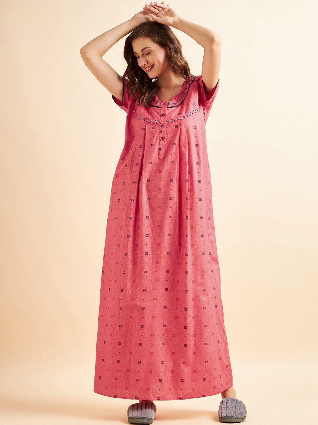 sweet dreams red & blue ethnic motifs printed pure cotton maxi nightdress