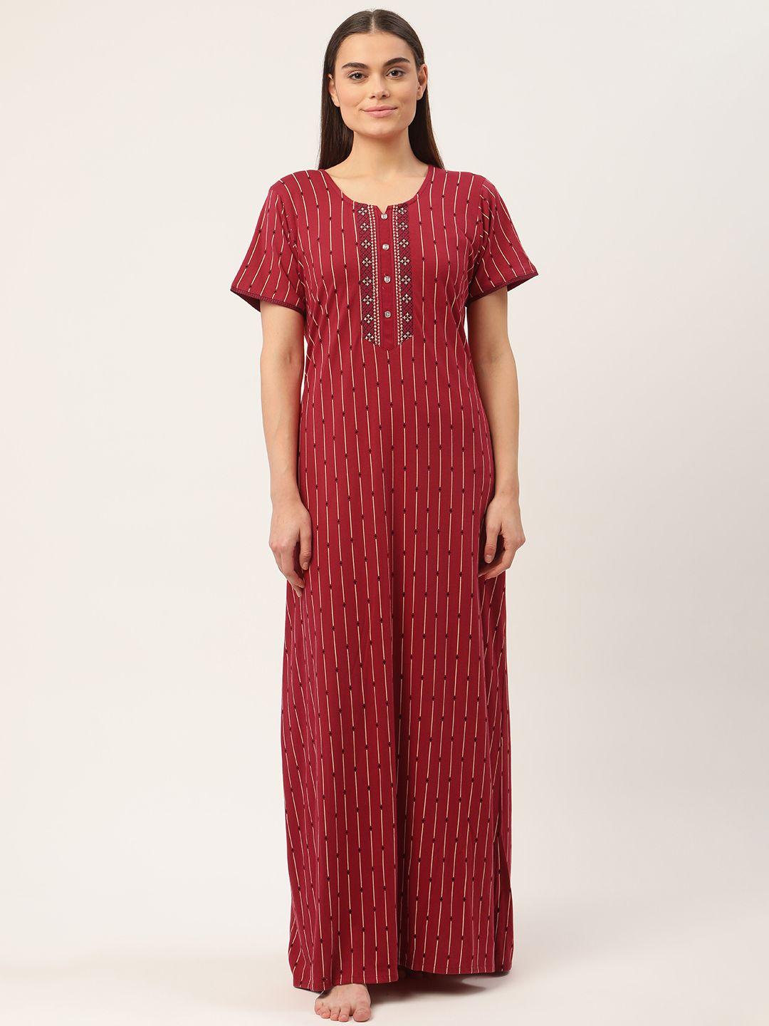 sweet dreams red  & off-white pure cotton striped maxi nightdress