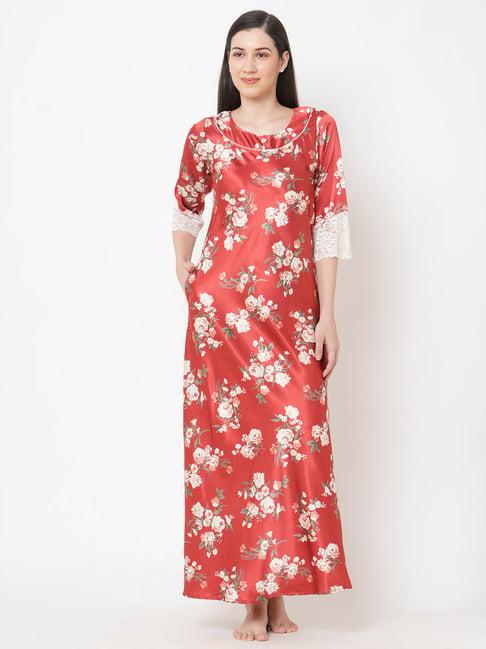 sweet dreams red satin floral print nighty