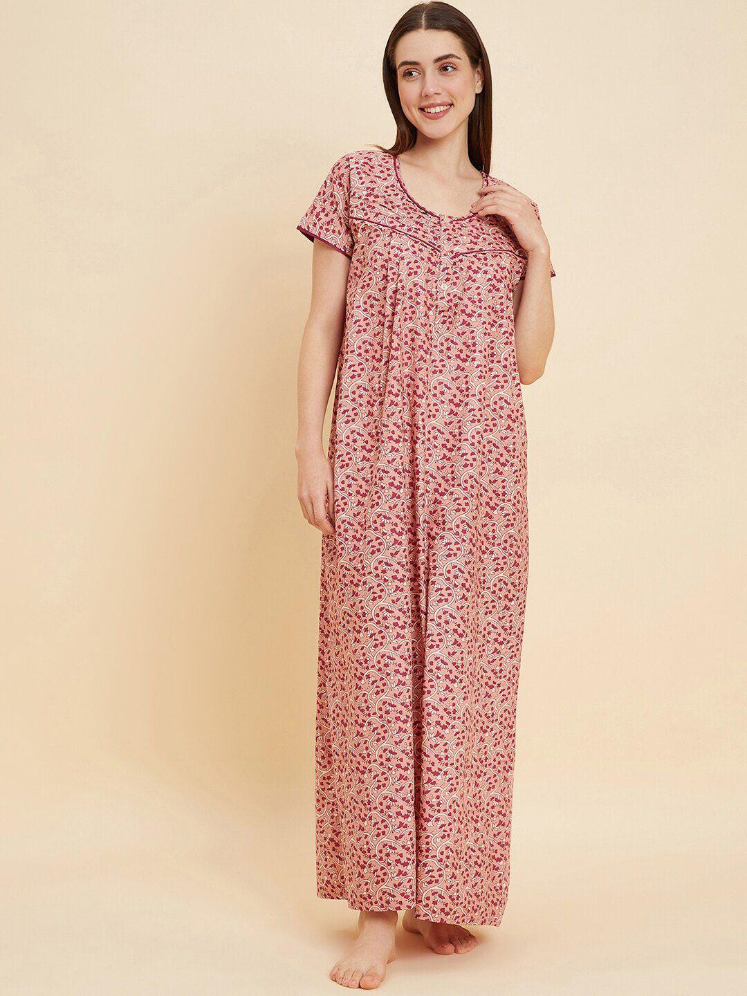 sweet dreams rose & magenta floral printed round neck pure cotton maxi nightdress