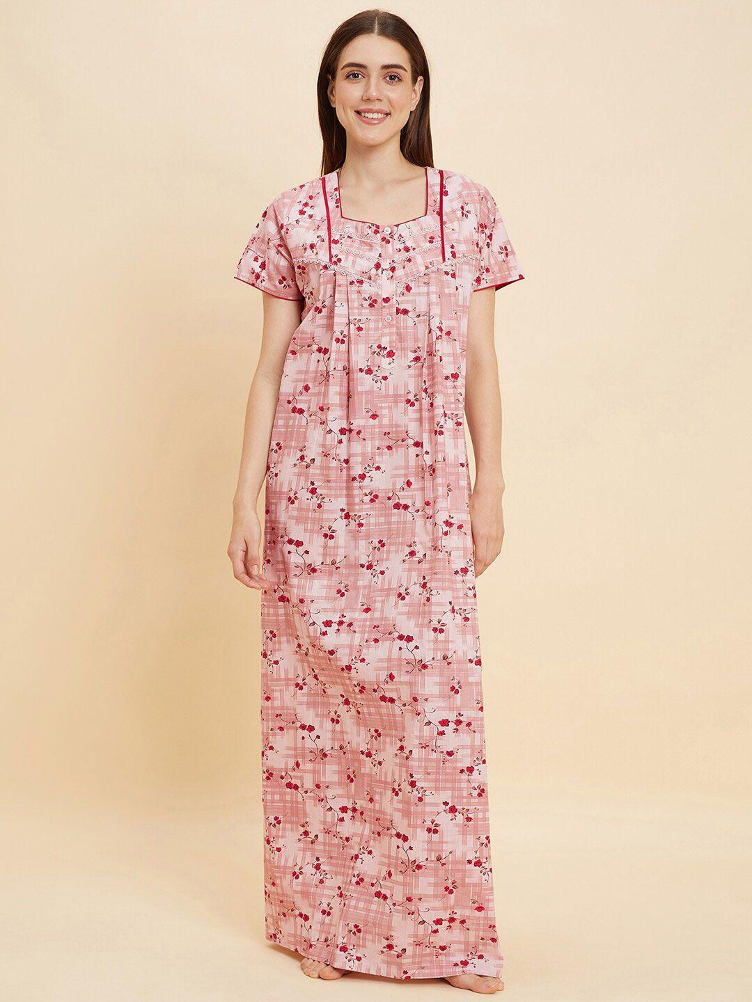 sweet dreams rose pink and red floral printed square neck pure cotton maxi nightdress