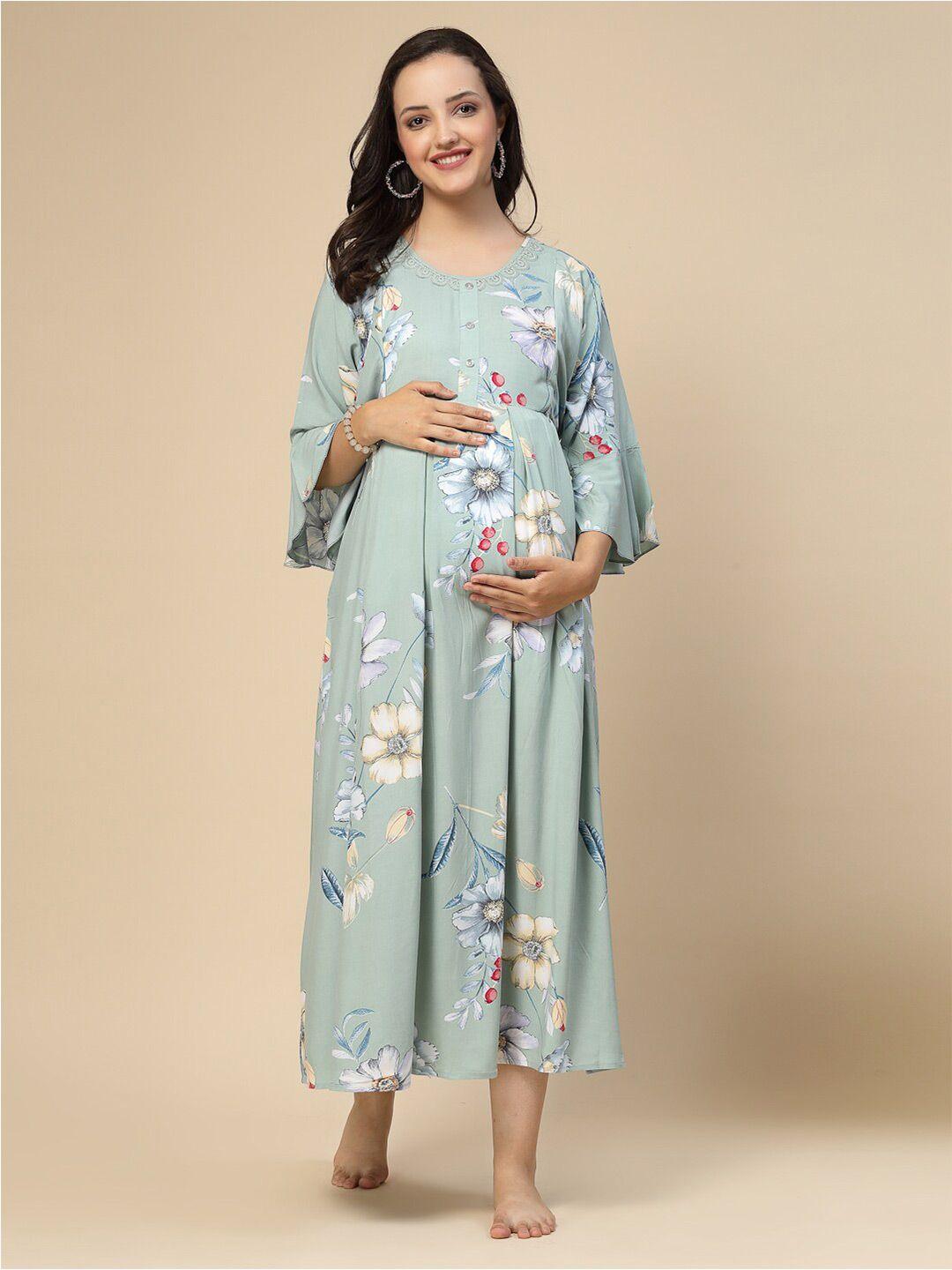 sweet dreams sea green floral printed bell sleeves pleated maternity a-line midi dress