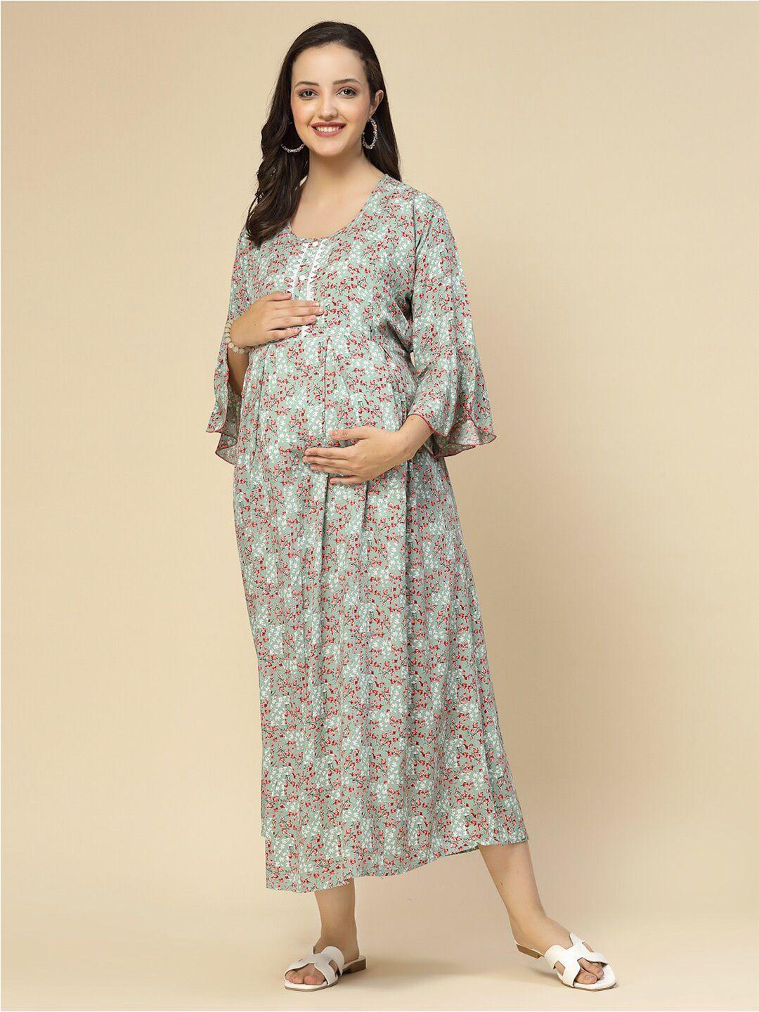 sweet dreams sea green floral printed flared sleeves fit & flare maternity dress