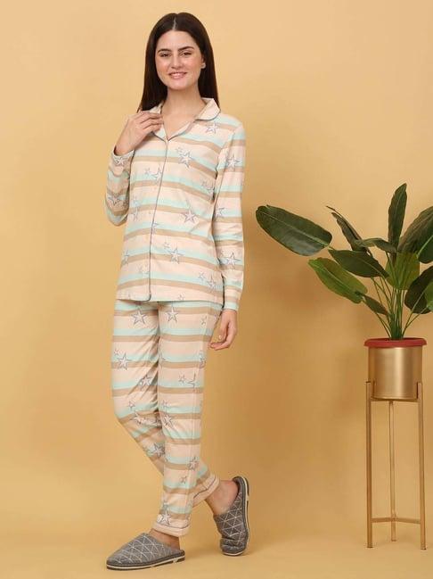 sweet dreams shell peach cotton striped shirt pyjamas set