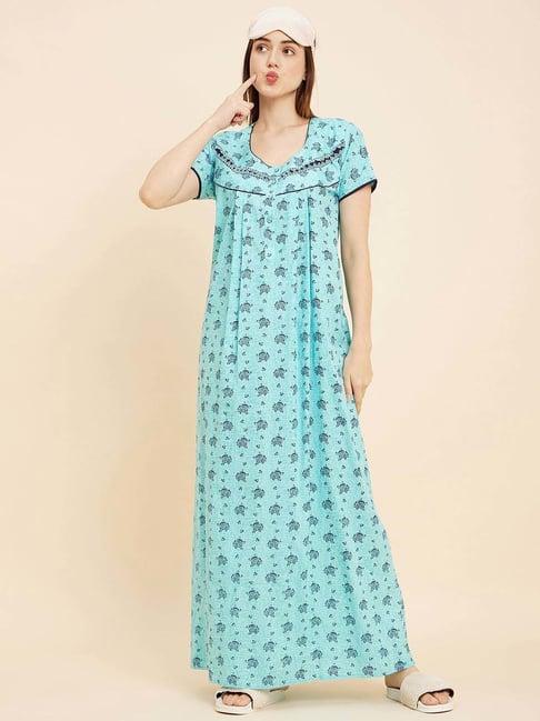 sweet dreams sky blue cotton printed night gown