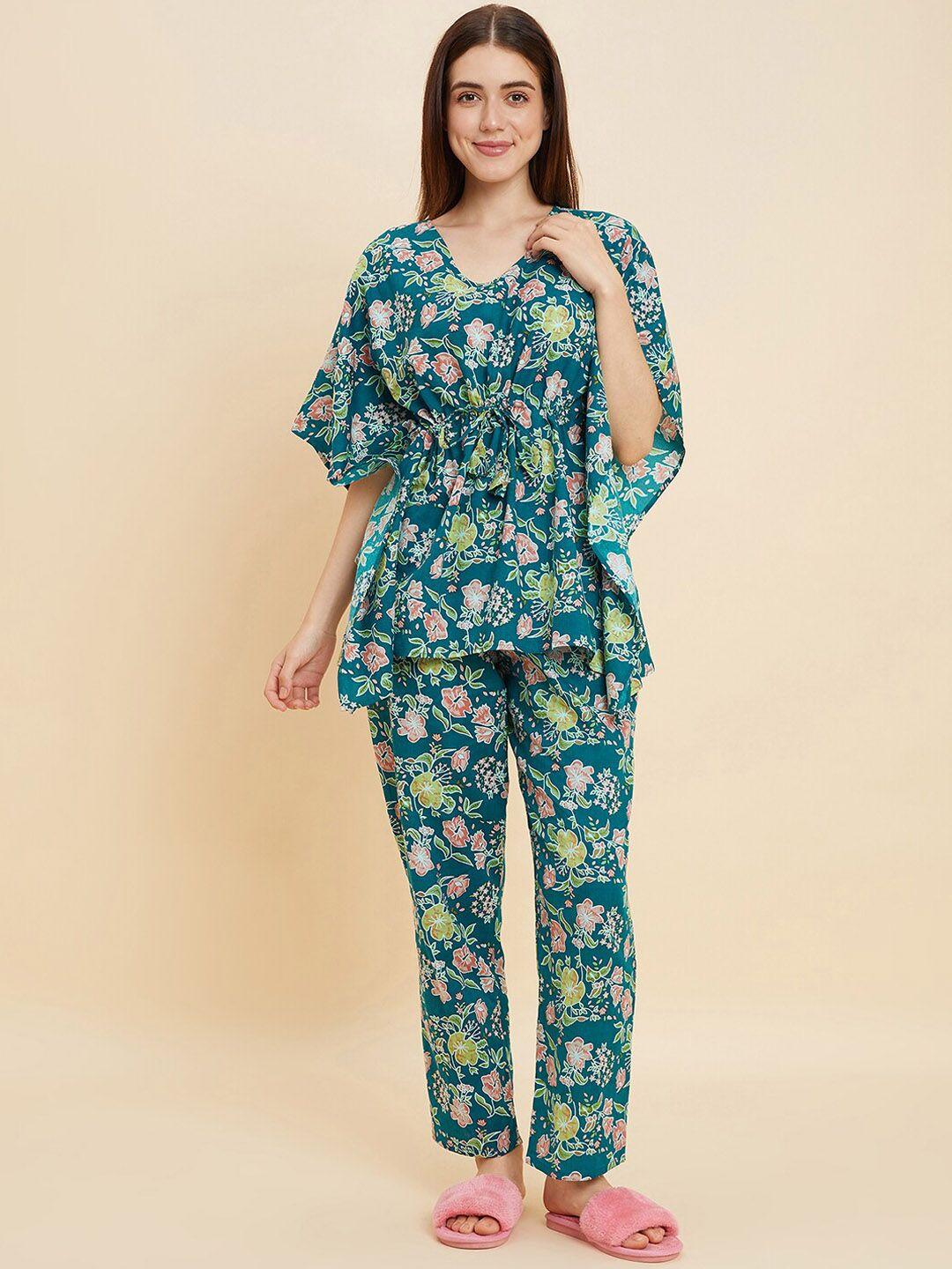 sweet dreams teal & green floral printed pure cotton top with pyjamas