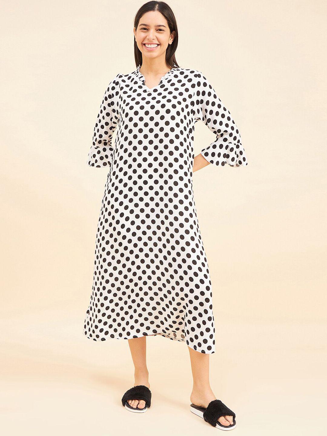 sweet dreams white polka dots printed midi nightdress