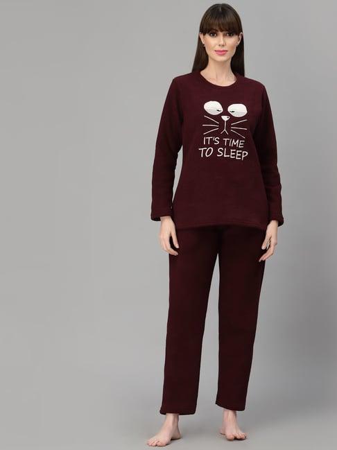 sweet dreams wine fleece printed winterwear top with pyjamas