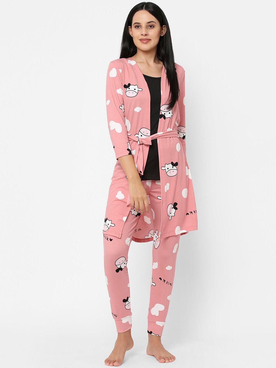 sweet dreams women 3-pieces printed slip with robe & with lounge pants