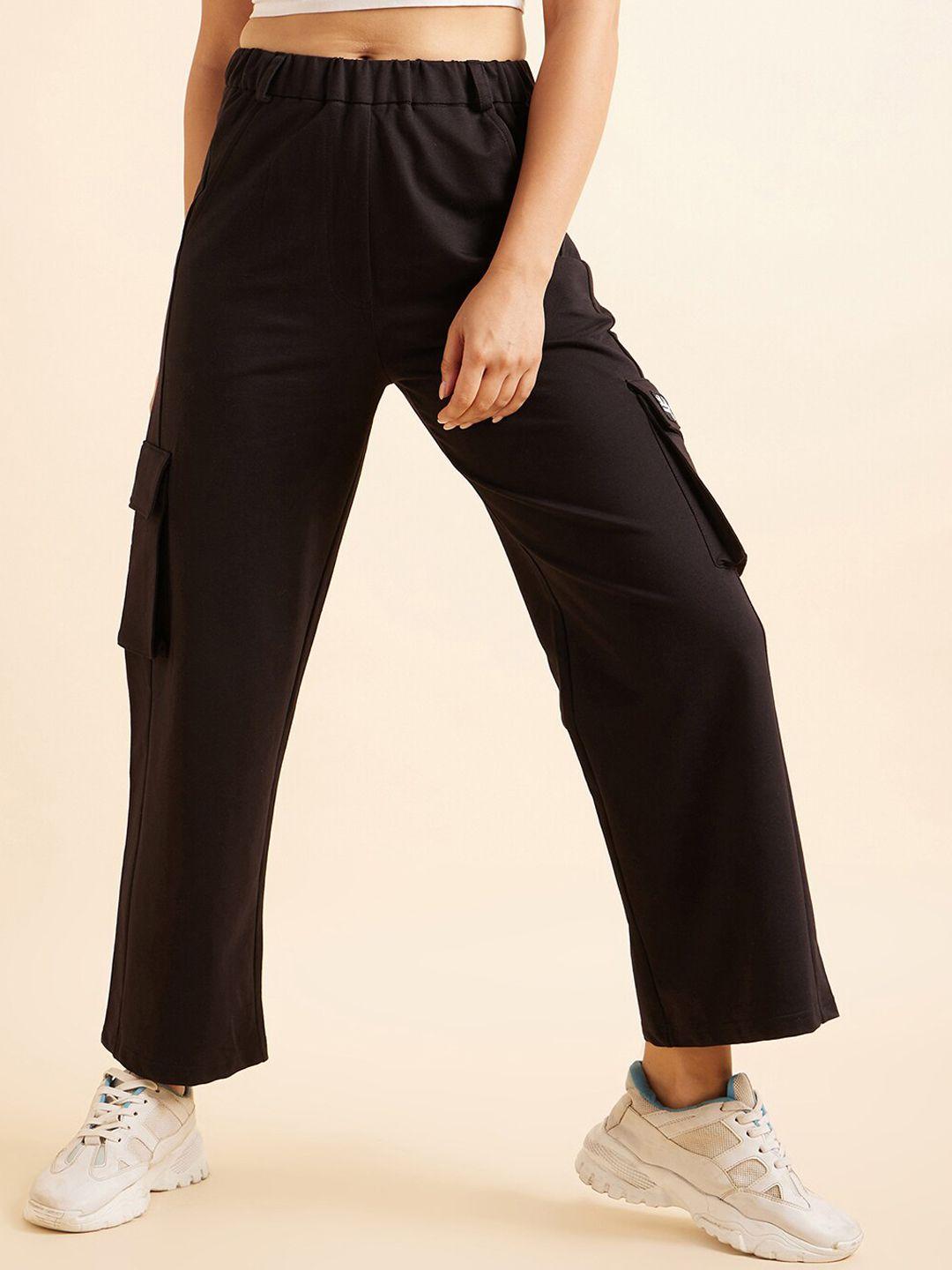 sweet dreams women black mid-rise casual pure cotton cargo trousers