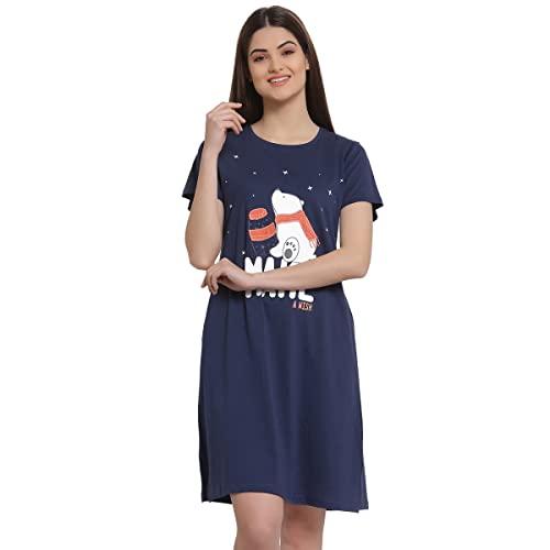 sweet dreams women blue graphic round neck half sleeve cotton short nighty-blue-l