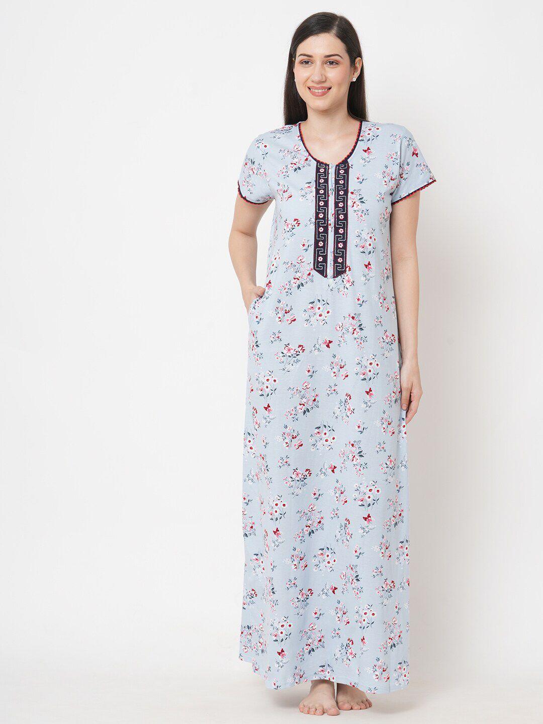 sweet dreams women blue printed pure cotton maxi nightdress