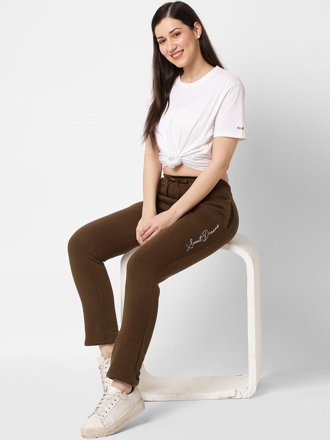 sweet dreams women brown solid cotton track pants