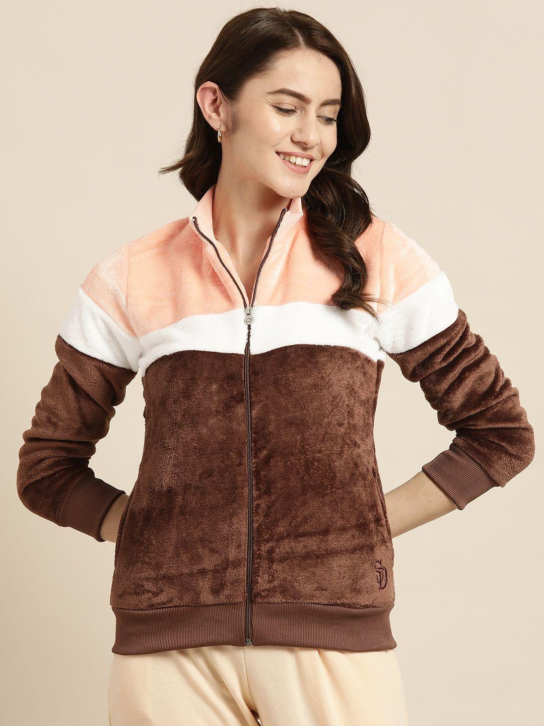 sweet dreams women coffee brown & peach colourblocked fleece sweatshirt
