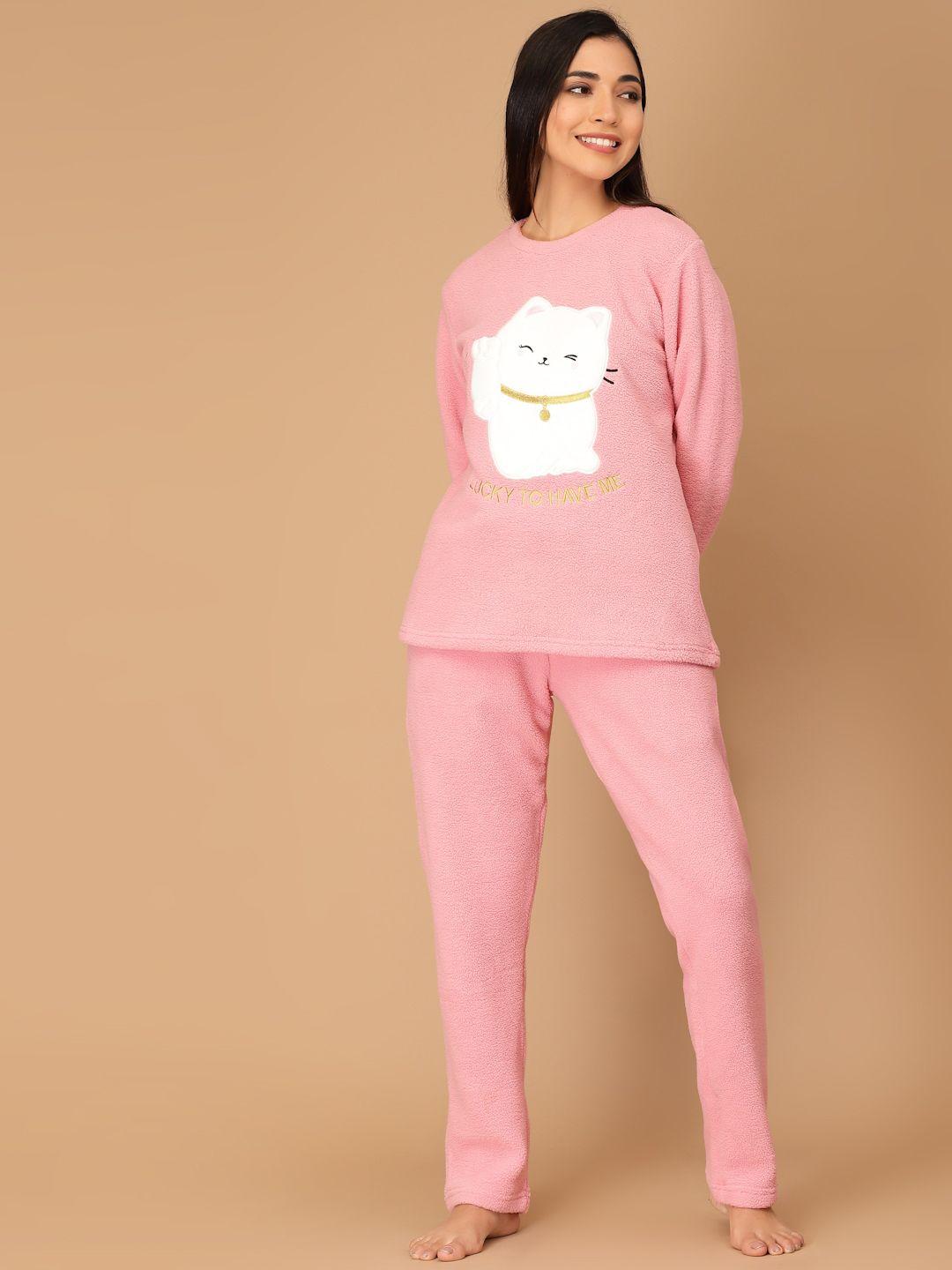 sweet dreams women coral & white polar fleece applique winter night suit