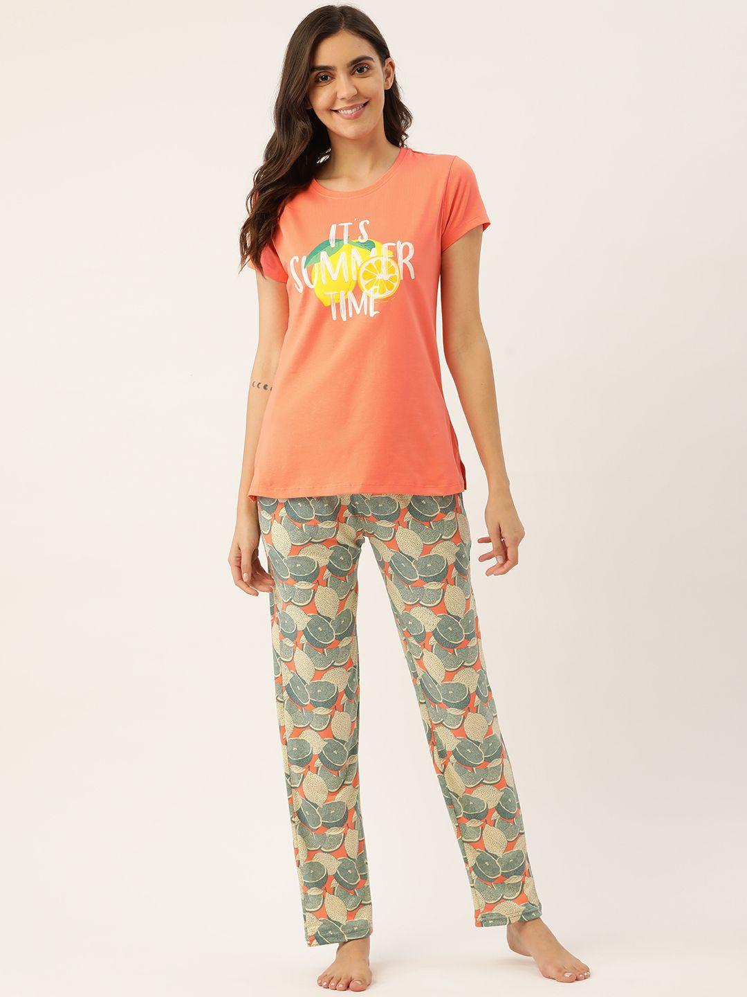 sweet dreams women coral orange & green printed pyjama set