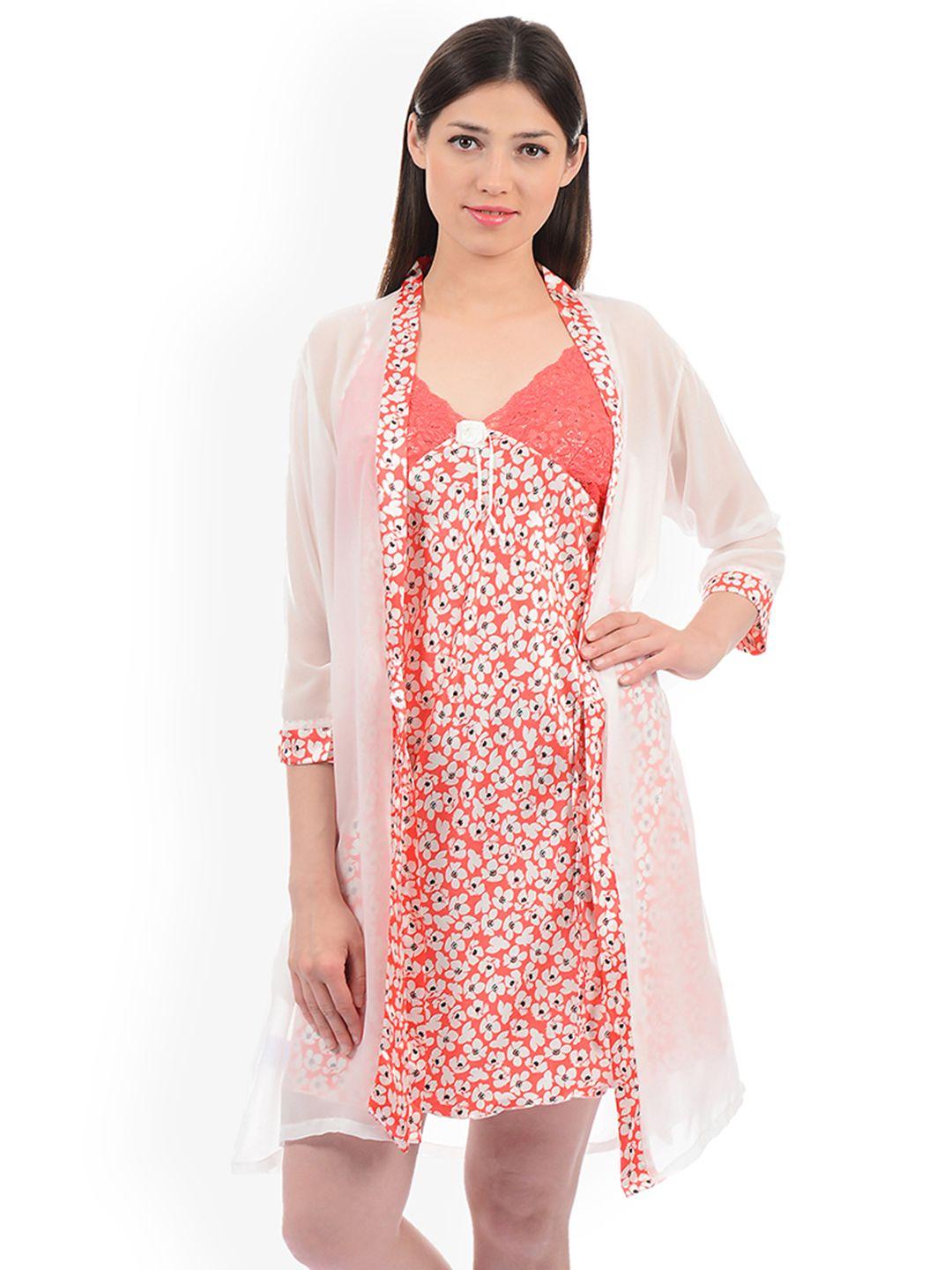 sweet dreams women coral pink & white floral print nightdress with sheer robe