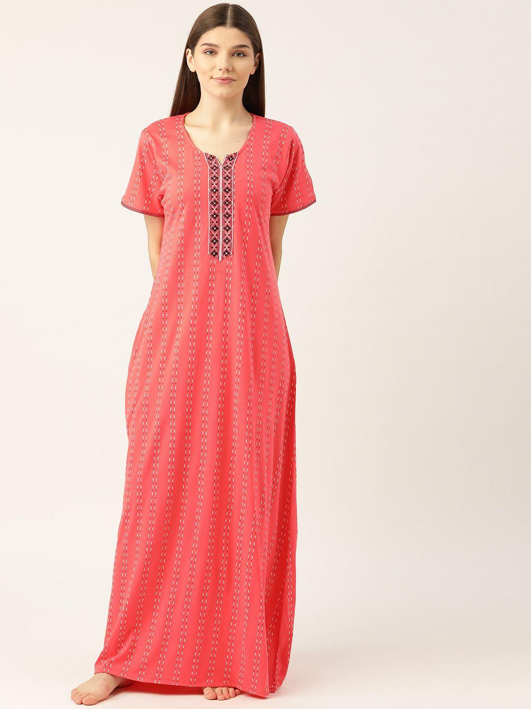 sweet dreams women coral red & black pure cotton printed maxi nightdress