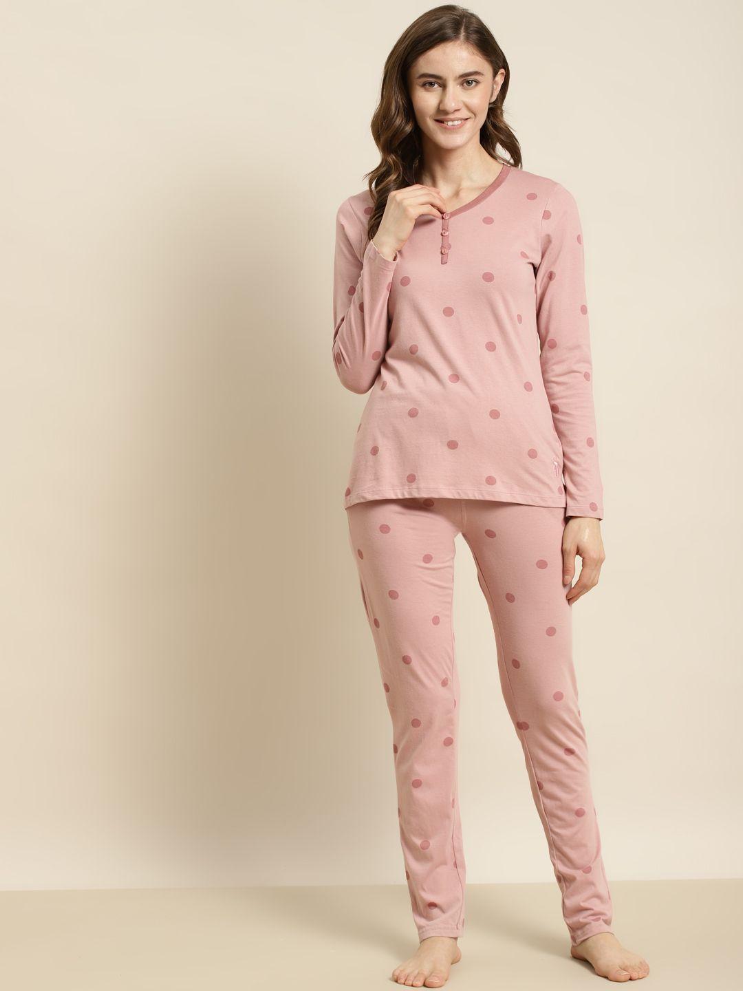 sweet dreams women dusty pink pure cotton polka dots printed night suit