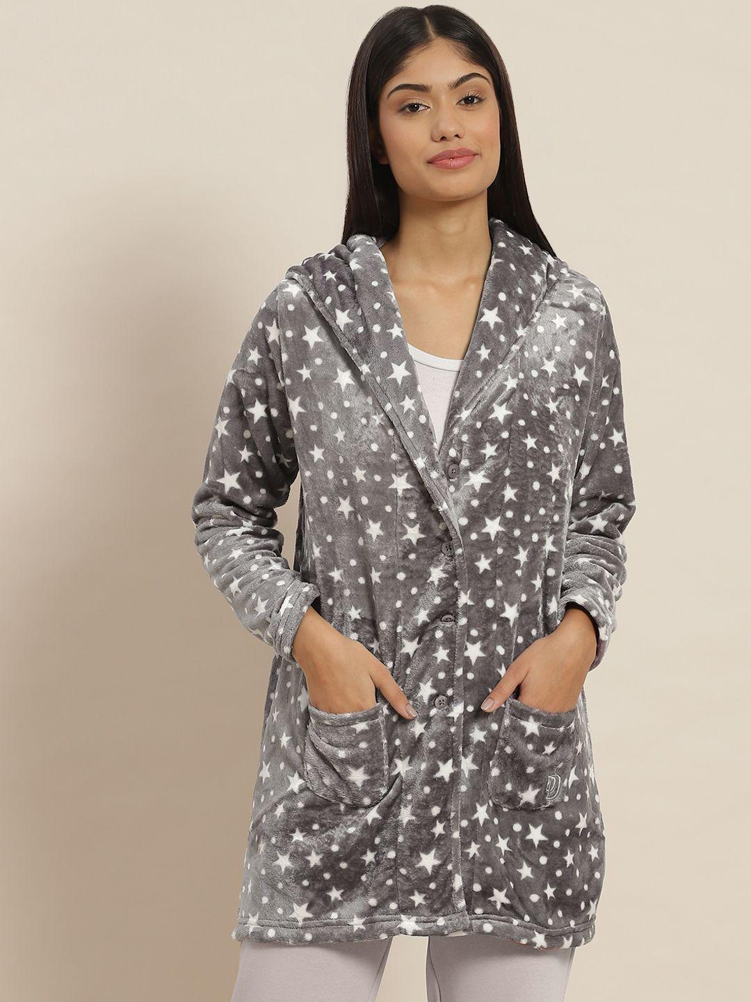 sweet dreams women grey & white conversational printed velvet hooded lounge robe