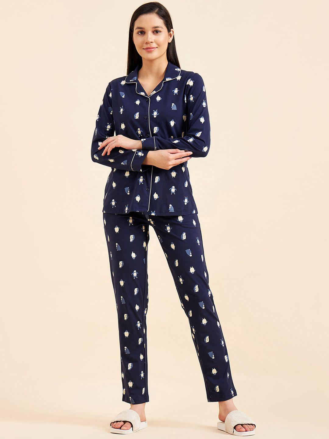 sweet dreams women navy blue & white conversational printed night suit