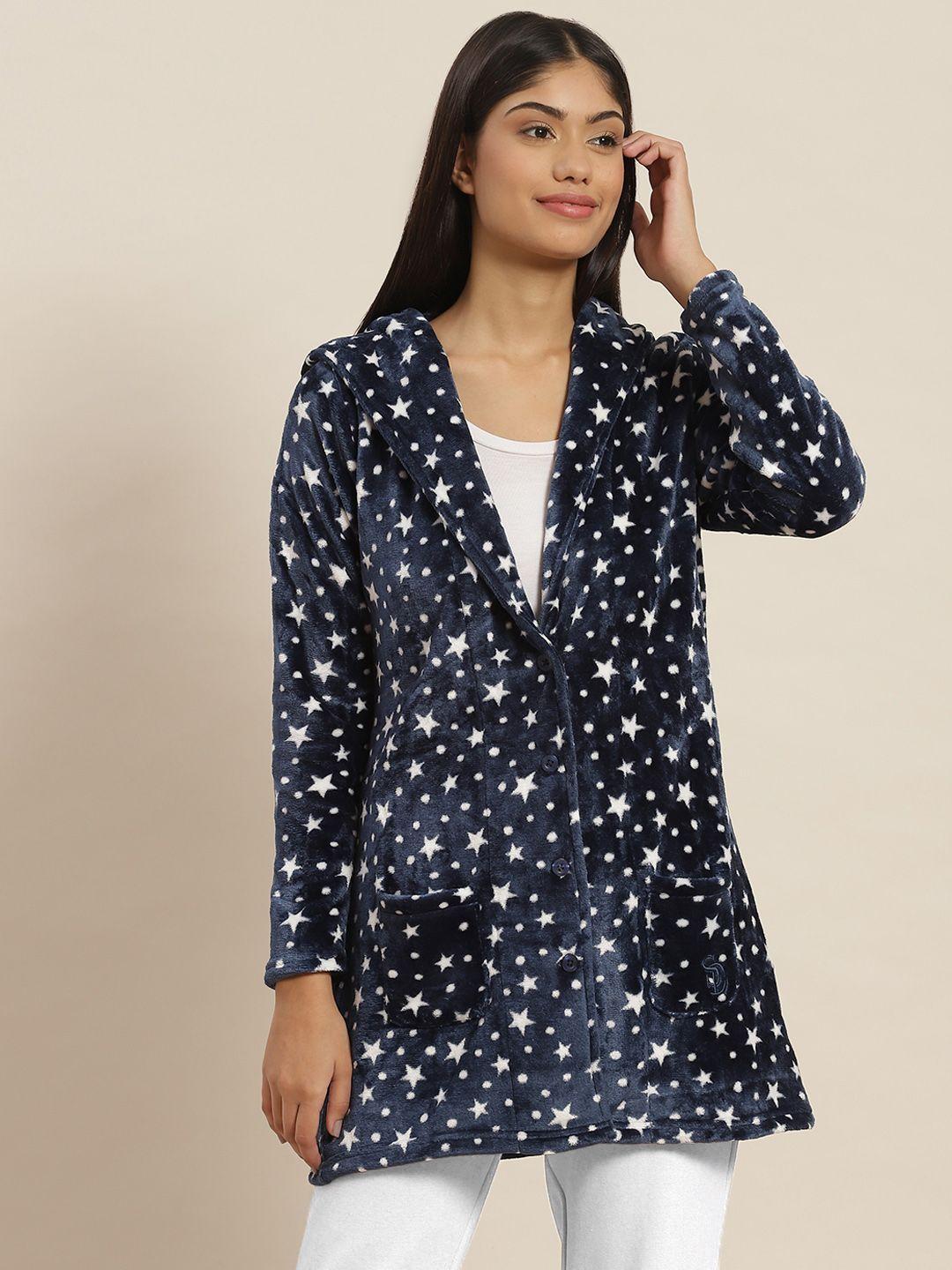sweet dreams women navy blue & white conversational printed velvet hooded lounge robe