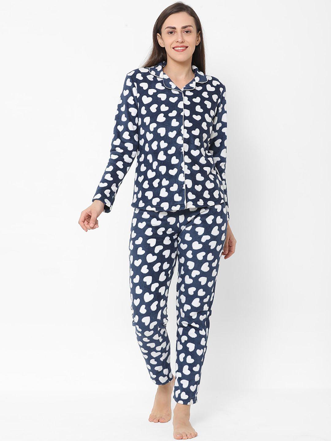 sweet dreams women navy blue & white printed fleece 2 pc night suit