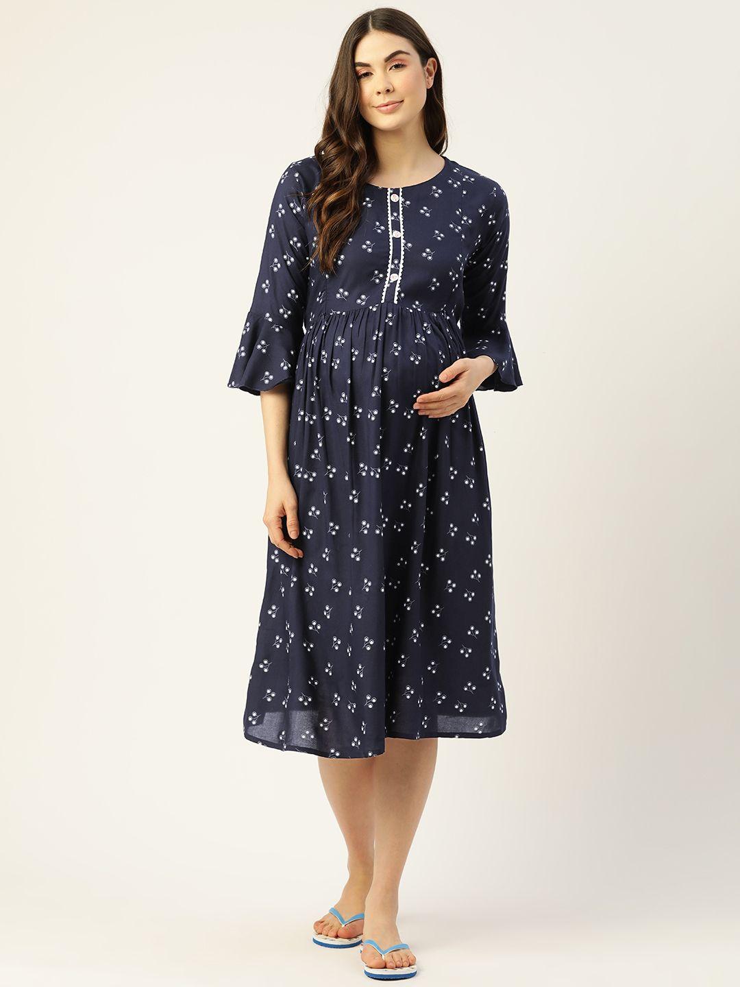 sweet dreams women navy blue & white printed nursing maternity nightdress