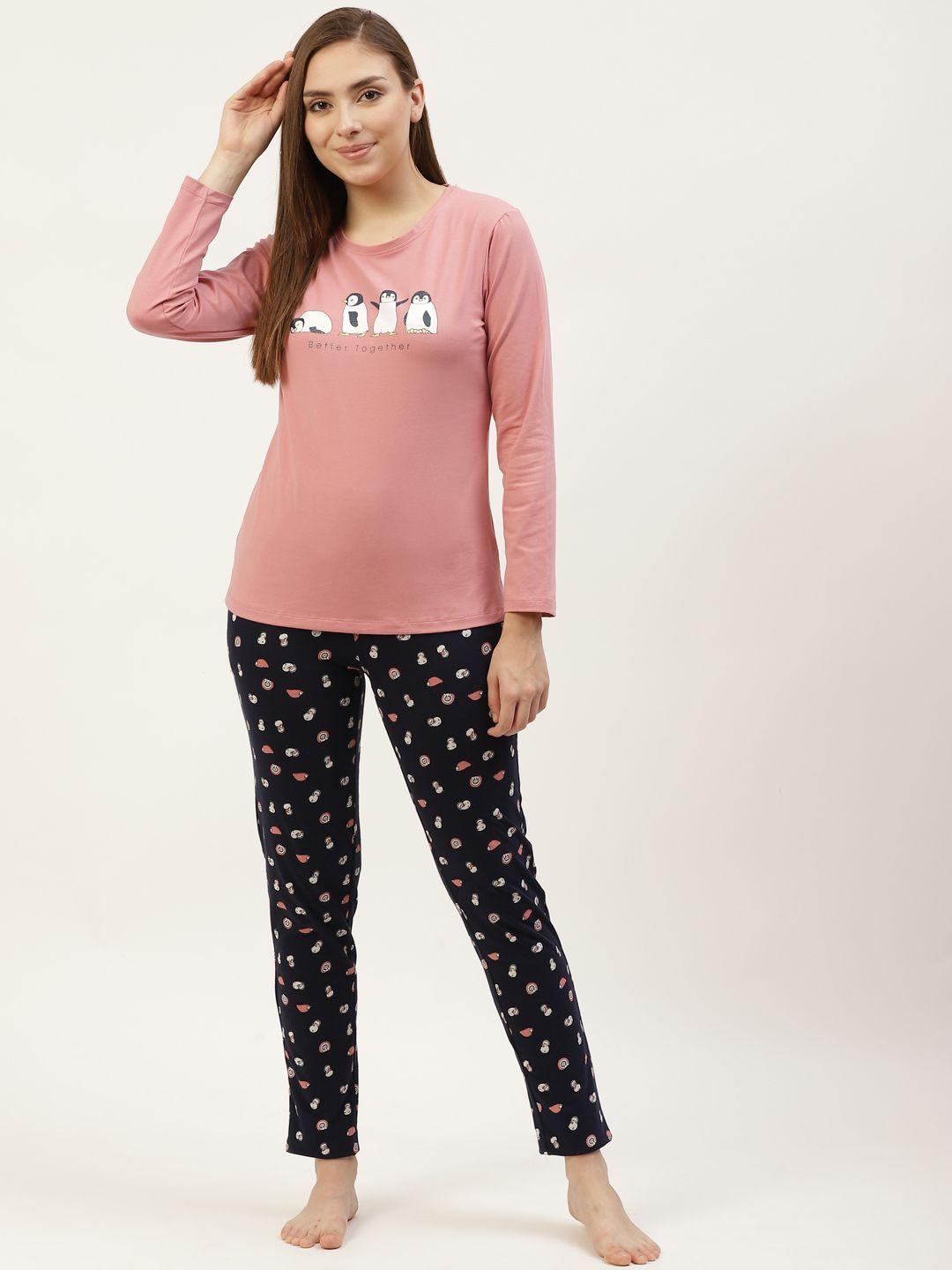 sweet dreams women pink & navy blue graphic printed pyjama set